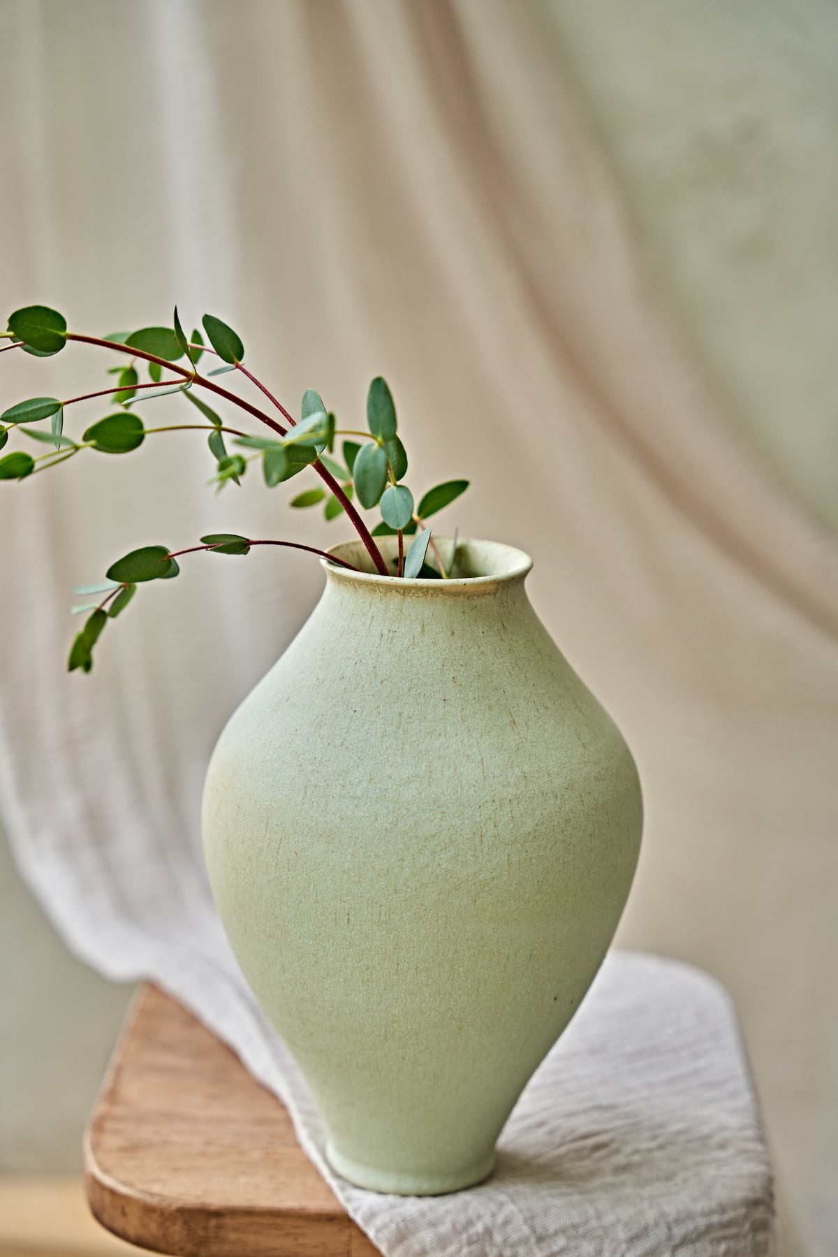 A light sage green ceramic vase with a textured glaze, holding a delicate green plant sprig, styled on a wooden block with draped neutral fabric in the background.