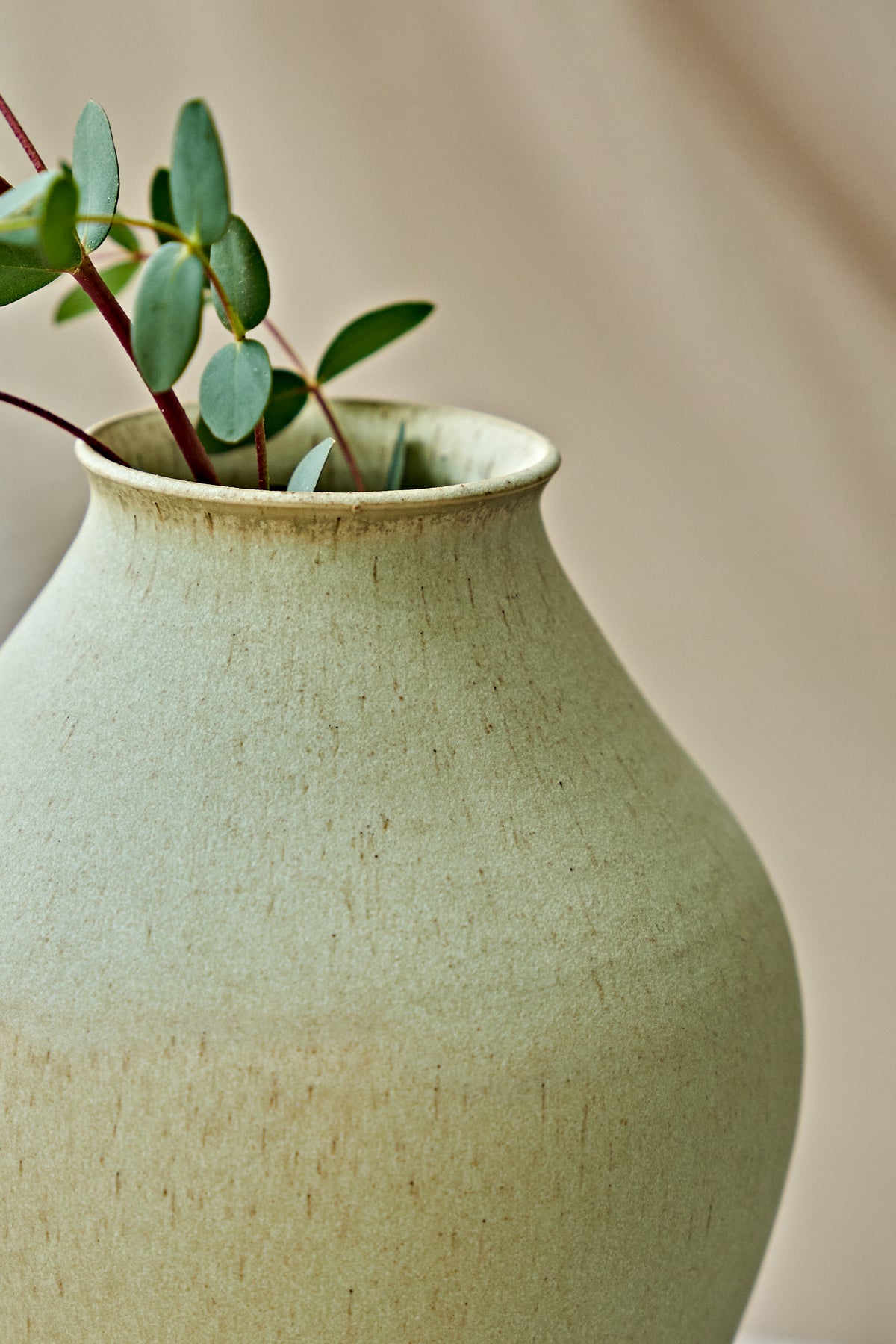 A close-up of a textured ceramic vase in a light sage green color, styled with a small green plant sprig against a soft beige background.